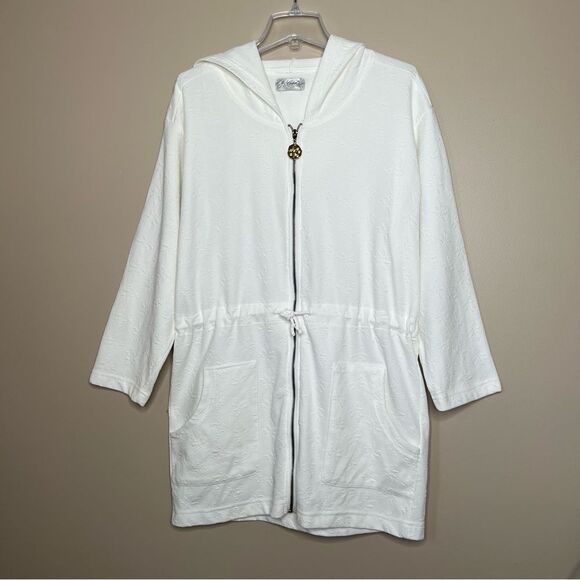 J. Valdi Palm Resort Wear White Full Zip Hooded Cinched Waist Tunic Swim Cover - Picture 1 of 16